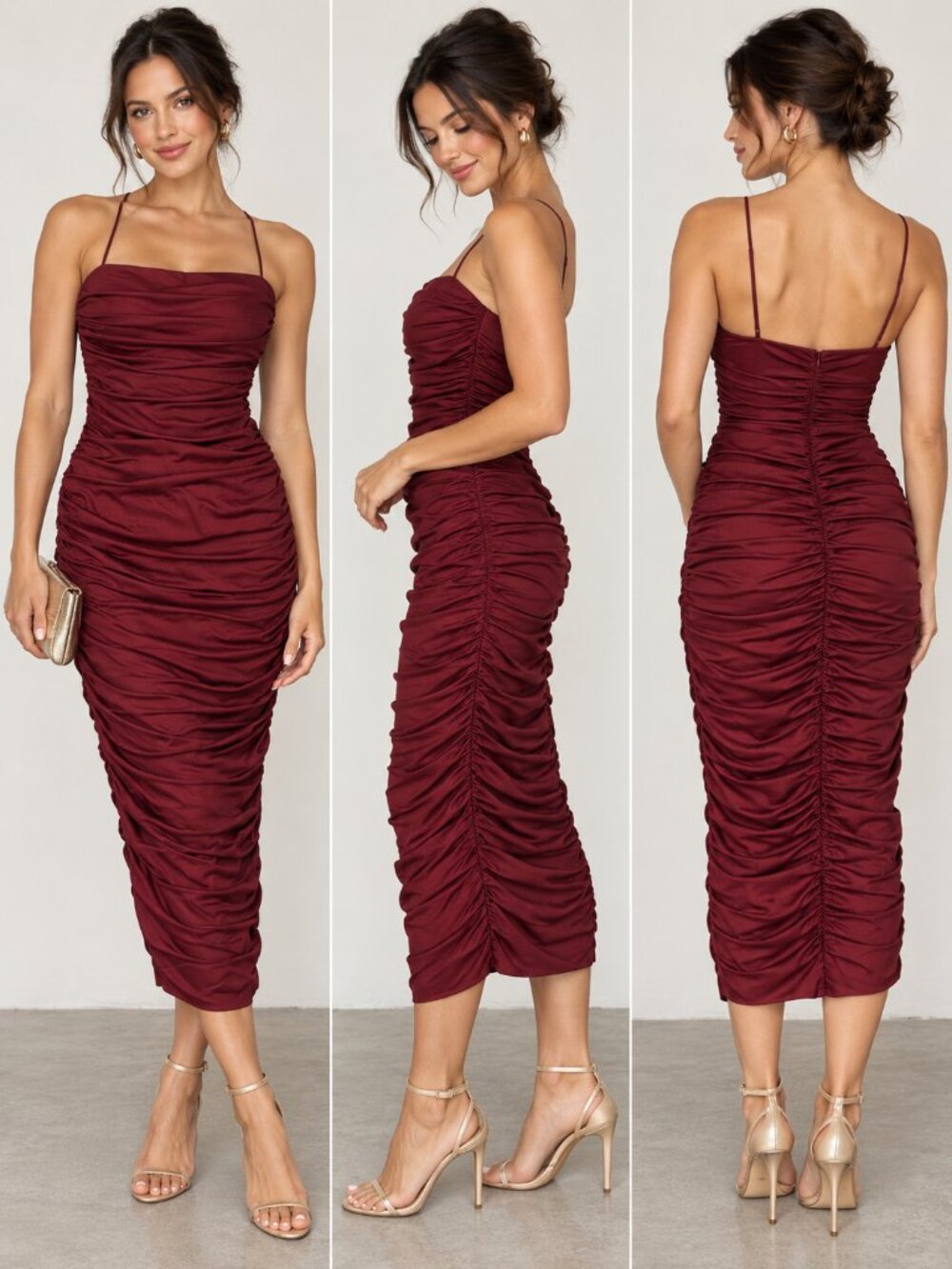 Oh Polly Burgundy Ruched Bodycon Maxi Dress UK 8 US 4